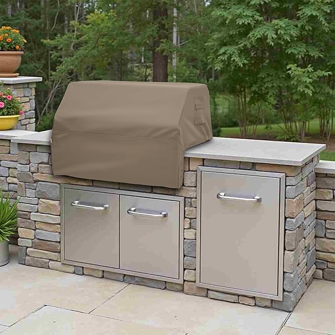 Covers & All Built-in Grill Cover for Outdoor Grill – Heavy Duty 12 oz Waterproof Built-in BBQ Grill Cover, PVC-Coated Polyester with Elastic Hem for Snug Fit (32.7 x 26 x 11.8 inches, Beige)