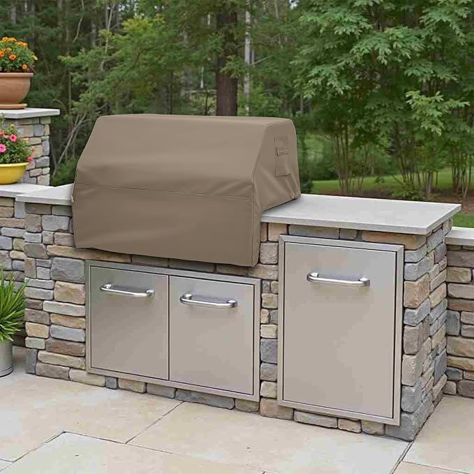 Covers & All Built-in Grill Cover for Outdoor Grill – Heavy Duty 12 oz Waterproof Built-in BBQ Grill Cover, PVC-Coated Polyester with Elastic Hem for Snug Fit (38 x 28 x 24 inches, Beige)
