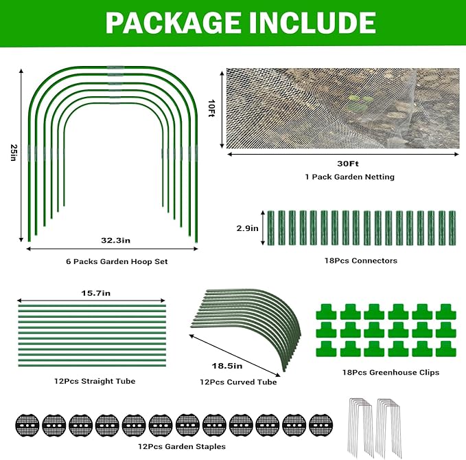 Garden Mesh Netting Kit, 10x30FT Green Ultra Fine Netting with 6 Sets Wide Garden Hoops & 18 Clips, Raised Garden Bed Netting with Frame, Row Cover, Plant Barrier for Vegetables Fruits