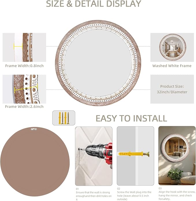 Reflinto 30 Inch Rustic Farmhouse Round Wood Mirror Wall Decor, Boho Circle