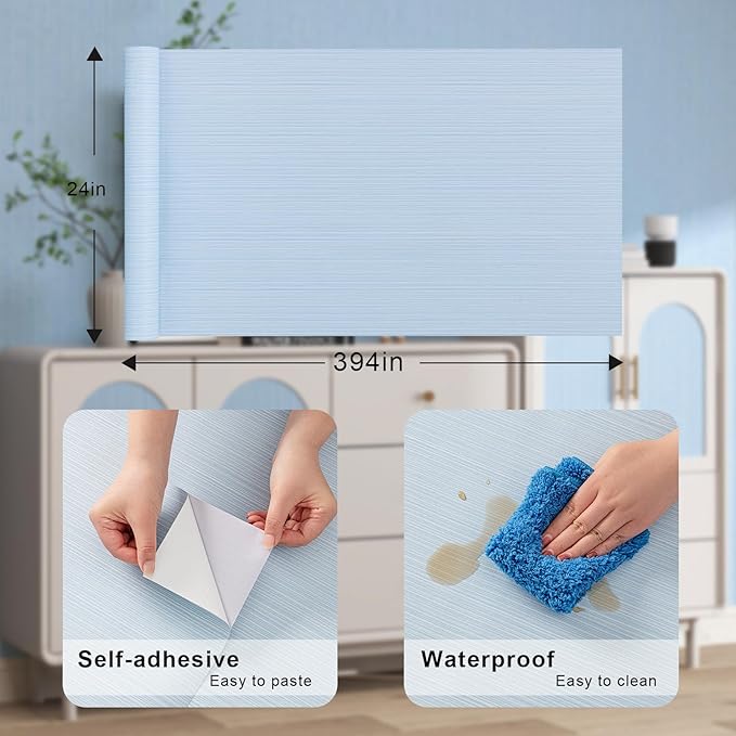 FUKU MON Light Blue Grasscloth Wallpaper Peel and Stick 24" x 394" Thickened