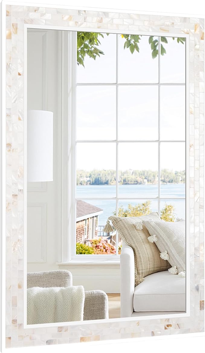 Mosaic Bathroom Mirrors for Wall 24x36 Inch, Natural Mother of Pearl Inlay
