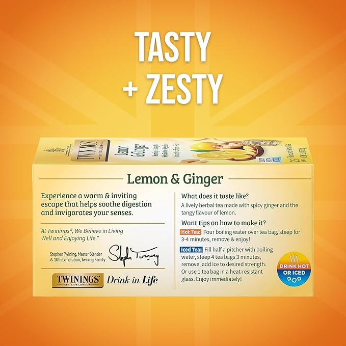 Twinings Lemon & Ginger Herbal Tea Individually Wrapped Bags, 25 Count (Pack of 6), Spicy Ginger, Lemon Peel, & Lemongrass, Naturally Caffeine-Free, Enjoy Hot or Iced, 150 Teabags