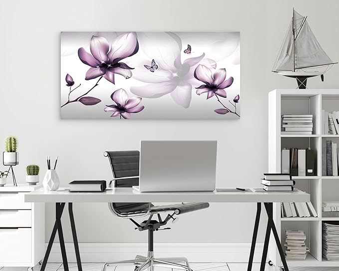 Muolunna BK06598 Purple Magnolia with Butterfly Flower Canvas Wall Art Picture 1 Panel 3D Wallpaper Modern Art Prints Painting for Bedroom Modern Office Wall Decor Artwork