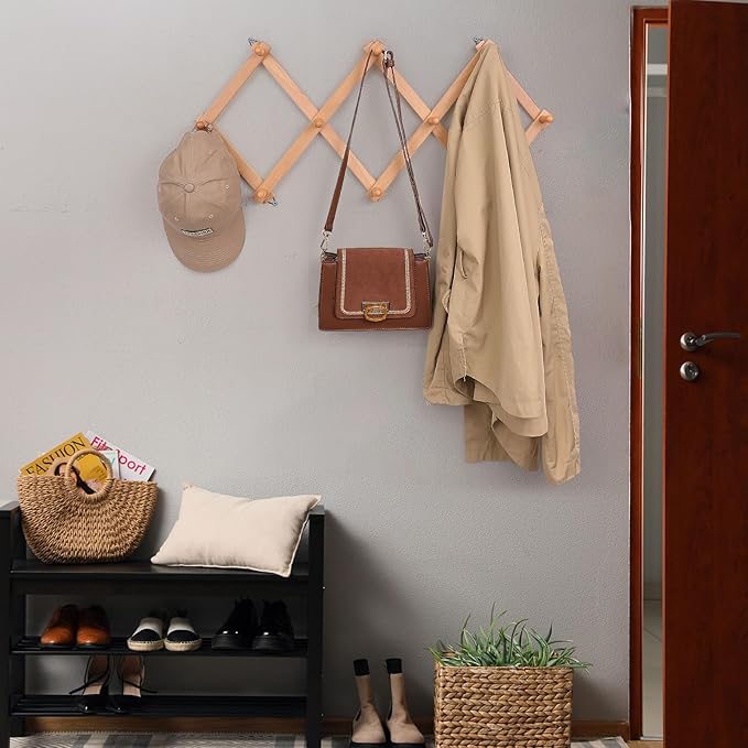 SCUNDA Wall Rack with 10 Hooks, Wooden Wall Expandable Coat Rack