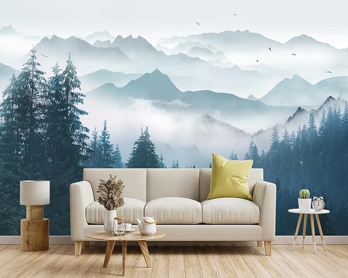 -Foggy Forest Pine Scenery Fabric Wallpaper Living Room Bedroom Bathroom