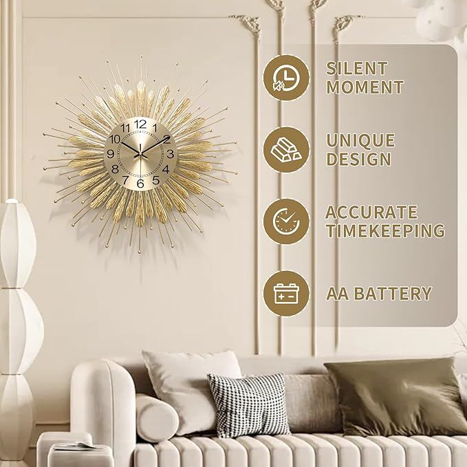 Large Wall Clock, 27inch Gold Wall Clock Non-Ticking Mid Century Wall Clocks
