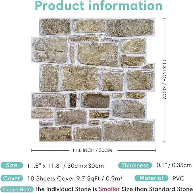 Commomy 10 Pcs 3D Stone Wall Panels Peel and Stick