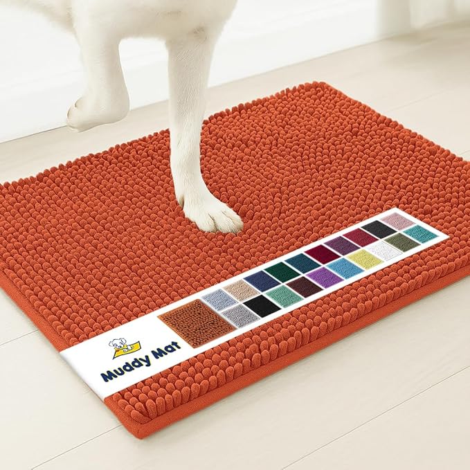 Muddy MatÂ® | Super Water Absorbent Door Mat Indoor, Microfiber Quick Dry Chenille Entryway Rug, Slip Resistant Front Door Mat, Indoor Mats for Entryway, Machine Washable Pet Rug, Orange 28"x18"