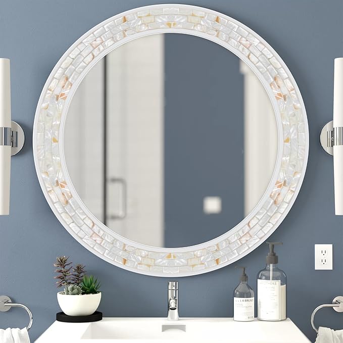 Mosaic Mirrors for Wall 30 Inch, Natural Mother of Pearl Inlay White Framed