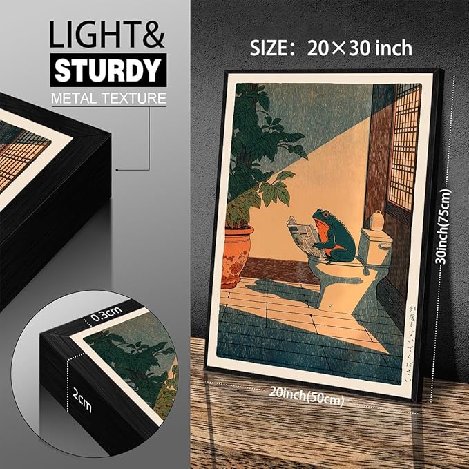 Vintage Japanese Black Framed Wall Art Funny Frog Bathroom Canvas Print Cute