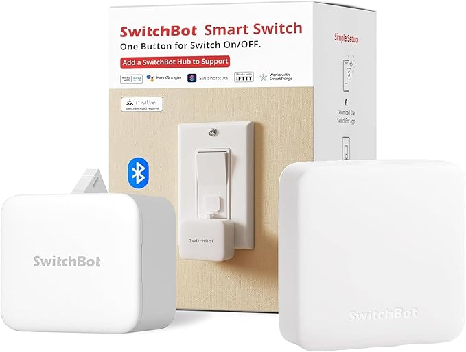 Switchbot Smart Switch Button Pusher (Bluetooth) with Hub Mini Matter â Fingerbot for Rocker Switch/One-Way Buttons, App Timer Control, No Wiring, Voice/Remote Control, White