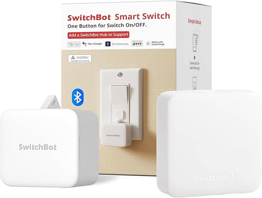Switchbot Smart Switch Button Pusher (Bluetooth) with Hub Mini Matter â Fingerbot for Rocker Switch/One-Way Buttons, App Timer Control, No Wiring, Voice/Remote Control, White