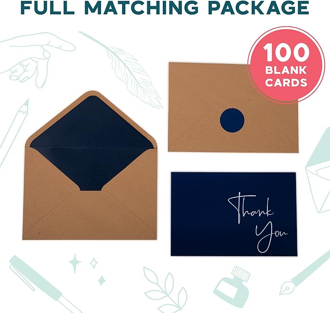 VNS Creations Thank You Cards With Envelopes Bulk Set & Stickers - 100 Pack 4x6 Blank Thank You Notes Bulk Box Set - Large Note Card Small Business, Wedding, Baby Shower & Bridal Shower - Navy Blue