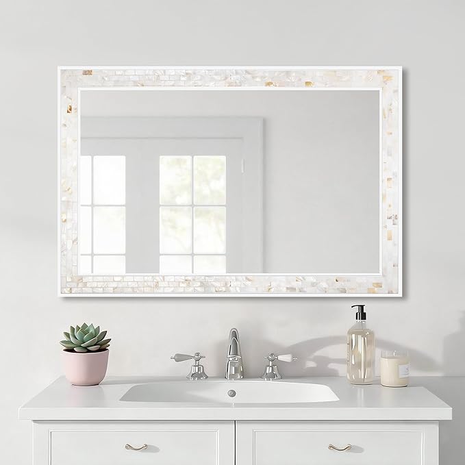 Mosaic Bathroom Mirrors for Wall 24x36 Inch, Natural Mother of Pearl Inlay