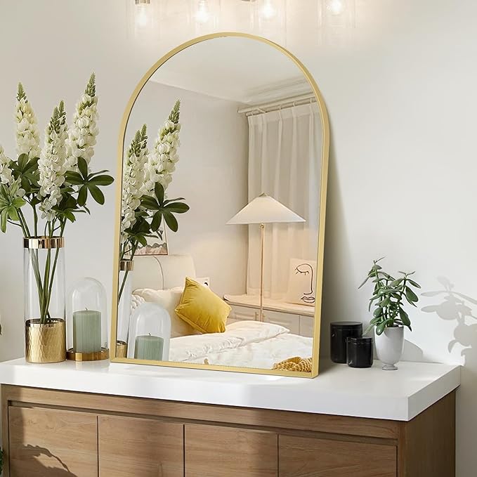 20" x 30" Gold Arched Mirror, Arch Bathroom Vanity Wall Mirror, Modern Aluminum