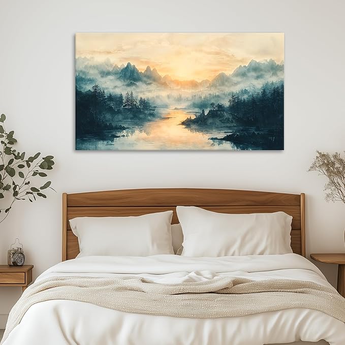 JLXART Landscape Canvas Wall Art Beautiful Lake Mountain Nature Scenic Picture Print Sunrise for Living Room Forest National Park Scenery Artwork Painting Decor,Inner Frame 20x40inch