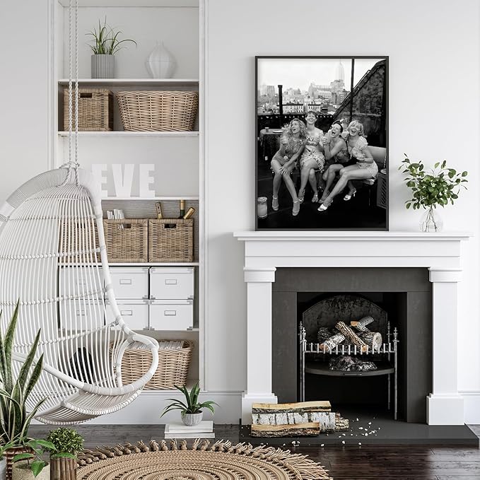 Retro Black And White Woman Black Framed Wall Art Fashion Rooftop Party Posters