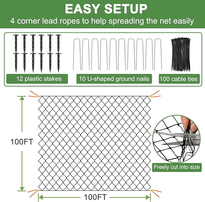Bird Netting - 100’ x 100’ Poultry Netting with 1” Square Mesh for Chicken Coop, Bird Netting for Garden Protection, Heavy Duty Nylon Garden Mesh Netting for Fruit Tree Against Aviary, Deer, Squirrel