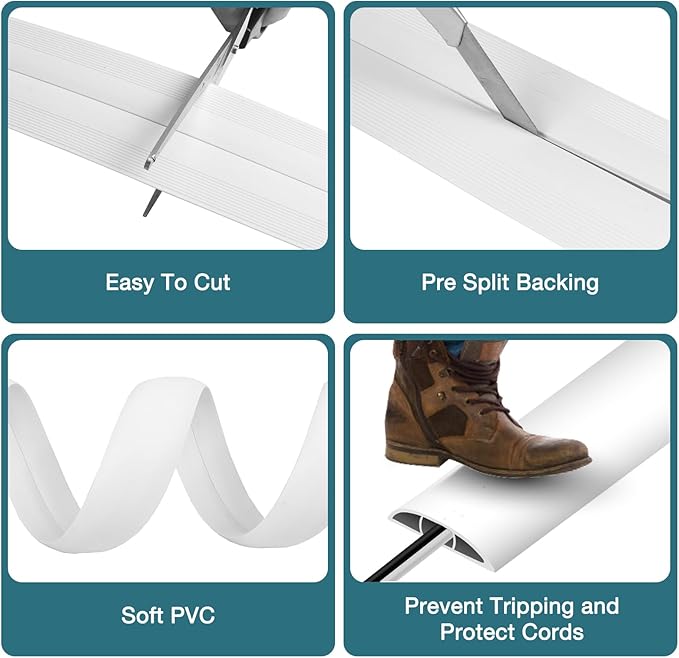 Floor Cord Cover, Cable Protector, 0.63W x 0.31H inches, Wire Cover for Extension Cords, Floor Cable Covers Prevent Cable Trips (White, 50-3 Feet)