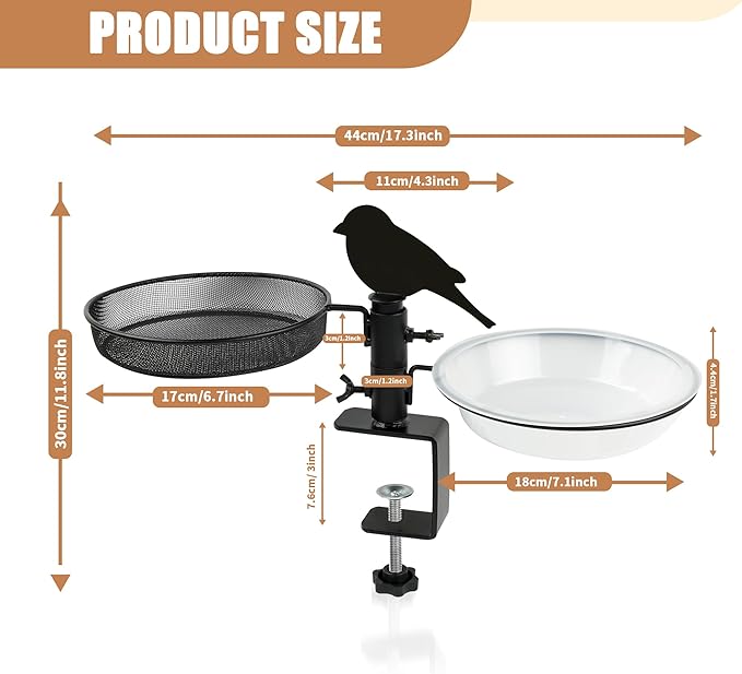 Bird Feeder 3 Inch Clamp for Deck Railings - Heavy Duty Adjustable Clamp with Metal Tray & 2 Detachable Bowls, All-in-One Backyard Gift to Attract Cardinals, Finches to Balcony, Porch, Patio