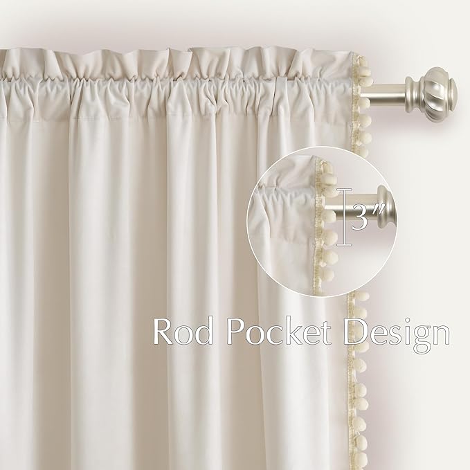 NICETOWN Cute Pom-Pom Trim Velvet Curtains 8 ft Long, Ivory White – Delicate