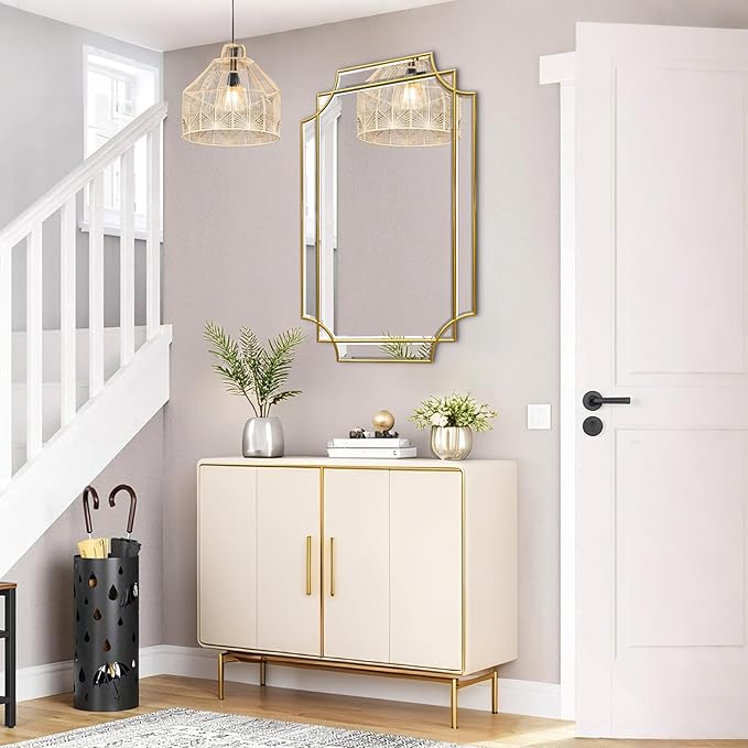 HQiJun Gold Mirror for Wall, 36x24 Gold Wood Framed, Scalloped Beveled Polished