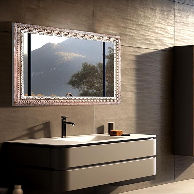 36x24 Inch Rustic Farmhouse Rectangle Bathroom Mirror Decorative, Boho Wooden