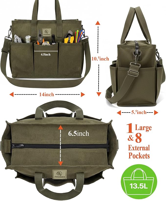 Heavy Duty Canvas Gardening Tote Bag with Pockets, Large Capacity Tool Organizer for Garden Tools, Portable Utility Bucket Carrier for Women Men, Outdoor Planter Caddy for Florist Supplies