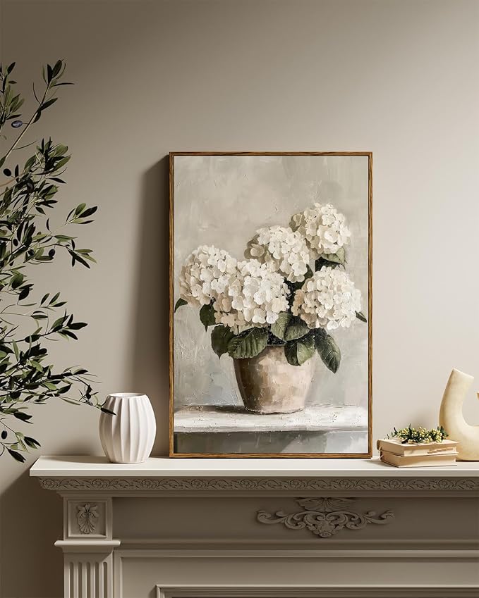 InSimSea Framed Canvas Wall Art Vintage Decor, Hydrangea Floral Pictures Bathroom Wall Decor Aesthetic, Living Room Bedroom Flower Home Retro Decorations, 16x24inch
