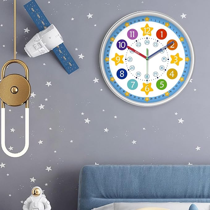 XFM Blue Kids Wall Clock 14 Inch Silent Non Ticking Quartz Battery Operated