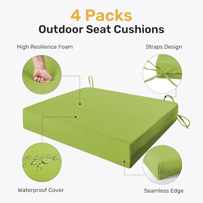 UNIKOME Outdoor Chair Cushions Pack of 4, Water Resistant Patio Cushions with Ties, High Density Sponge Filling Square Corner Seat Cushions for Outdoor Furniture, 19"*19"*3", Green