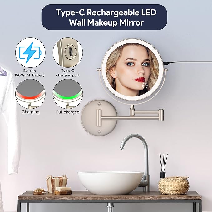 Rocollos Rechargeable Wall Mounted Lighted Makeup Mirror, 8 Inch Double-Sided