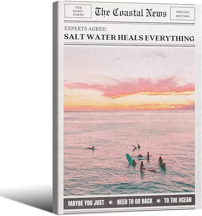 Pink Beach Newspaper Posters Vintage Fashion Coastal Girl Surf Wall Art 16X24