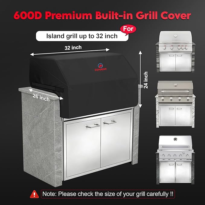 Comnova Built-in Grill Cover 32 Inch - 600D Island BBQ Grill Top Covers Heavy Duty & Waterproof, Premium Built in Barbecue Cover for Char-Broil, Napoleon, Bull, Blaze and More - 32 x 26 x 24 Inch