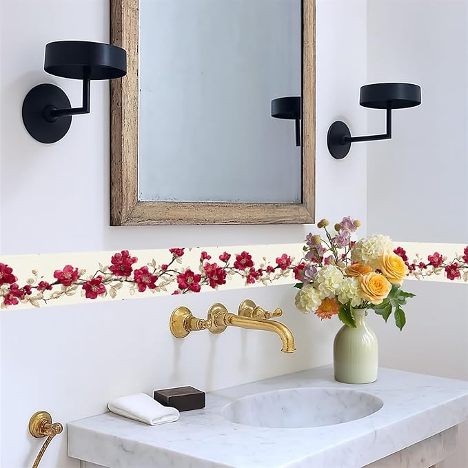 Cherry Blossom Wallpaper Border 196x4 Inch Red Flower Peel and Stick Wall