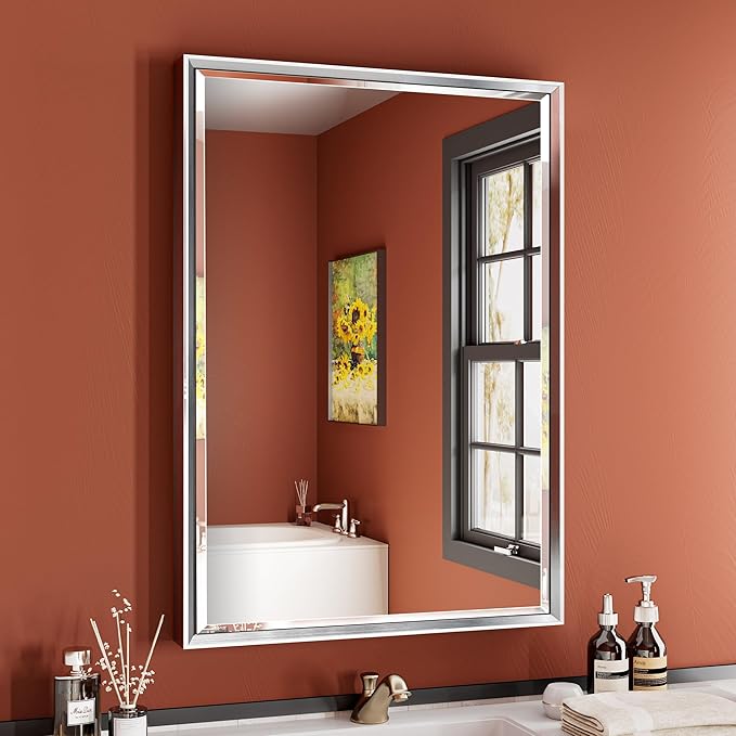Silver Bathroom Mirror, 22x30 Inch Beveled Rectangle Wall Mounted Mirror