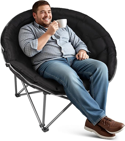 Oversized XXL Folding Round Camping Chair,Super Comfy Padded Moon Camp Chairs,Heavy Duty Supports 400 Lbs Outdoor Lawn Chairs for Adults,Perfect for Indoor,Family Camping,Picnics and Garden,Black