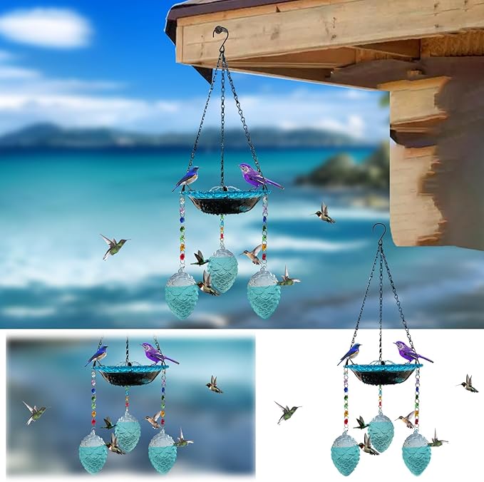 Hummingbird Feeder and Bird Bath for Outdoors 2-in-1 for Small Birds - Hummingbird Bath Fountain with 3 Blue Feeder Pots - Hanging Solar Bird Bath Fountains