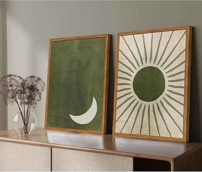 Framed Boho Sun and Moon Canvas Wall Art Set of 2, Vintage Sage Green Bohemian
