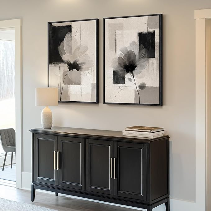 Large Framed Neutral Abstract Floral Wall Art, Minimalist Pictures