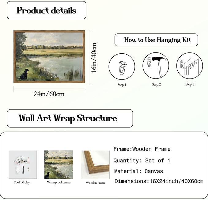 Framed Vintage Hunting Black Dog Wall Art, Rustic Country Nature Landscape