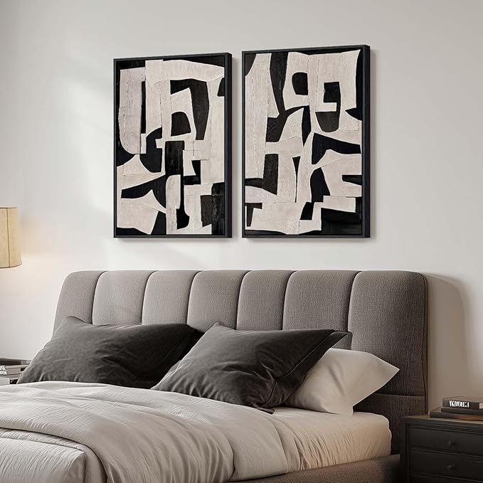 Large Framed Black and Beige Abstract Wall Art, Modern Art Prints Pictures