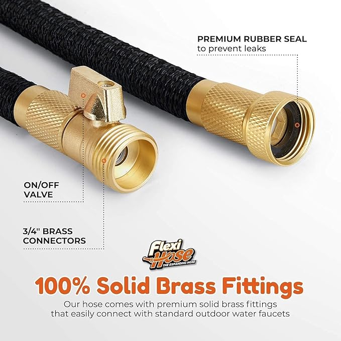 Flexi Hose Plus Expandable Garden Hose with 8 Function Nozzle, 150FT - Lightweight Retractable Garden Hose, Water Hose - No-Kink Flexibility, 3/4 Inch Solid Brass Fittings Includes Hook & Bag