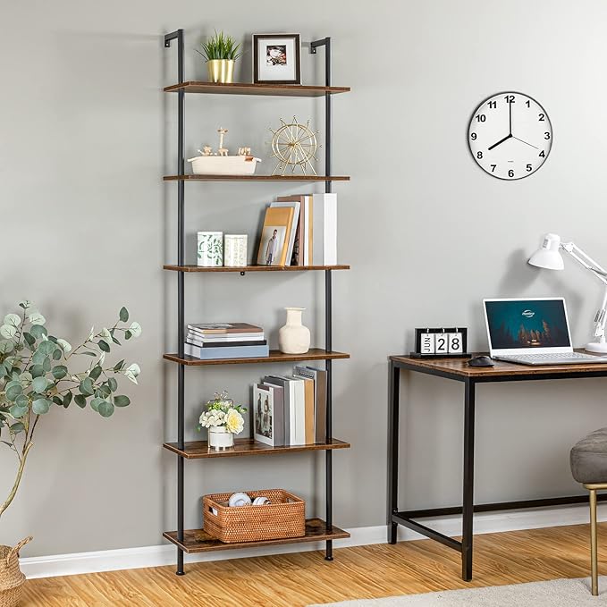 HOOBRO DIY Ladder Shelf, 6-Tier Wall Mounted Bookshelf, Office Vertical Bookcase