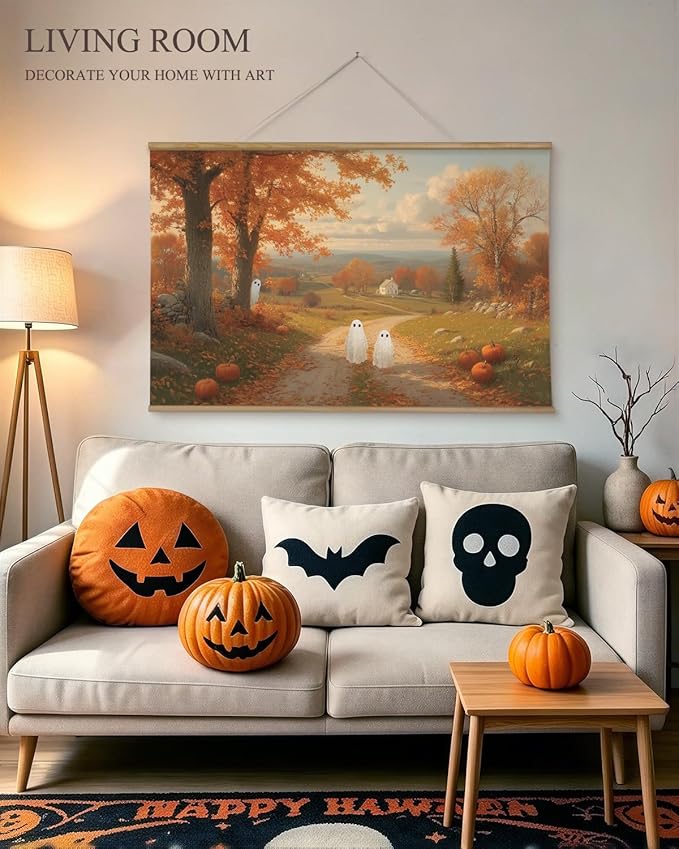ARPEOTCY Extra Large Vintage Framed Wall Art, 36x54 Inch Halloween Wall Art Canvas, Vintage Autumn Landscape with Cute Ghosts and Pumpkins, Large Farmhouse Fall Wall Decor for Living Room Fireplace Entryway