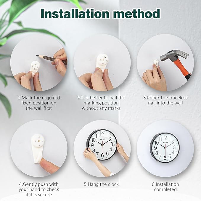 GLVSAE Wall Clock 12 Inches Non-Ticking Wall Clocks Battery Operated Large Easy