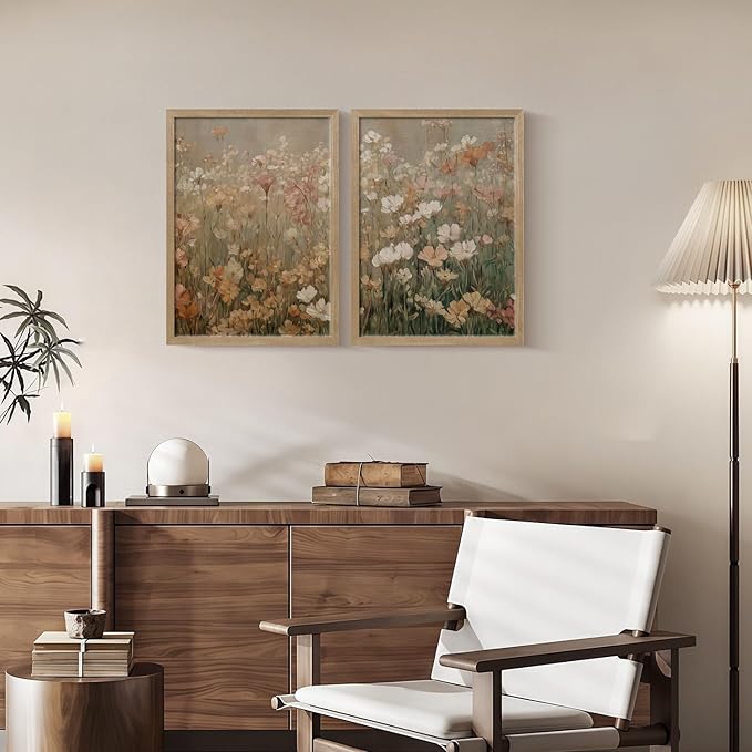 Framed Vintage Canvas Wall Art Modern Floral Poster Picture Countryside Painting Nature Landscape Contemporary Home Print Living Room Gallery Office Ready to Hang 16x24 Inch x2