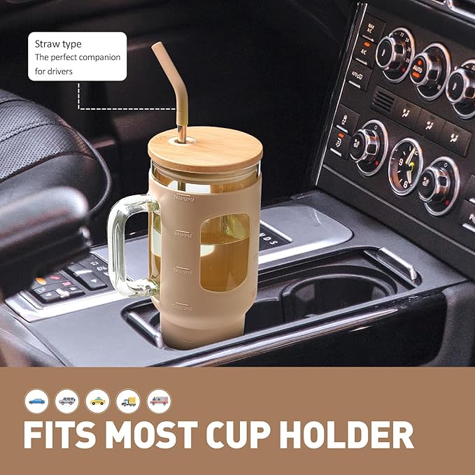 Glass Tumbler with Straw and Lid, 40 oz glass cup with handle, Glass Water Bottles with Time Marker, Silicone Protective Sleeve-Amber