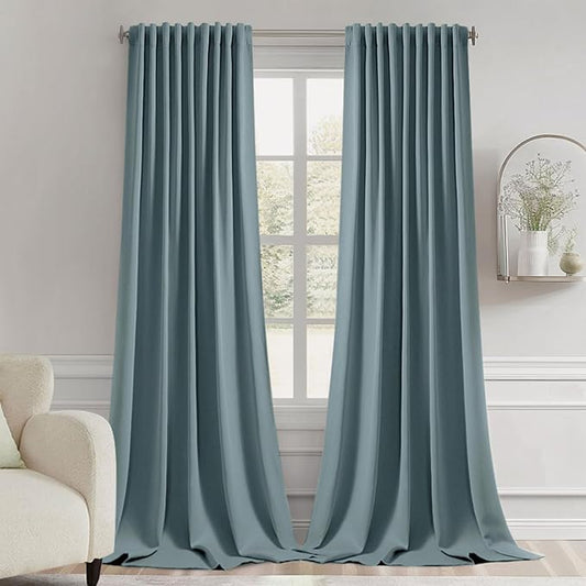 MIULEE Greyish Blue Back Tab Blackout Curtains 108 Inch Long 2 Panels Set